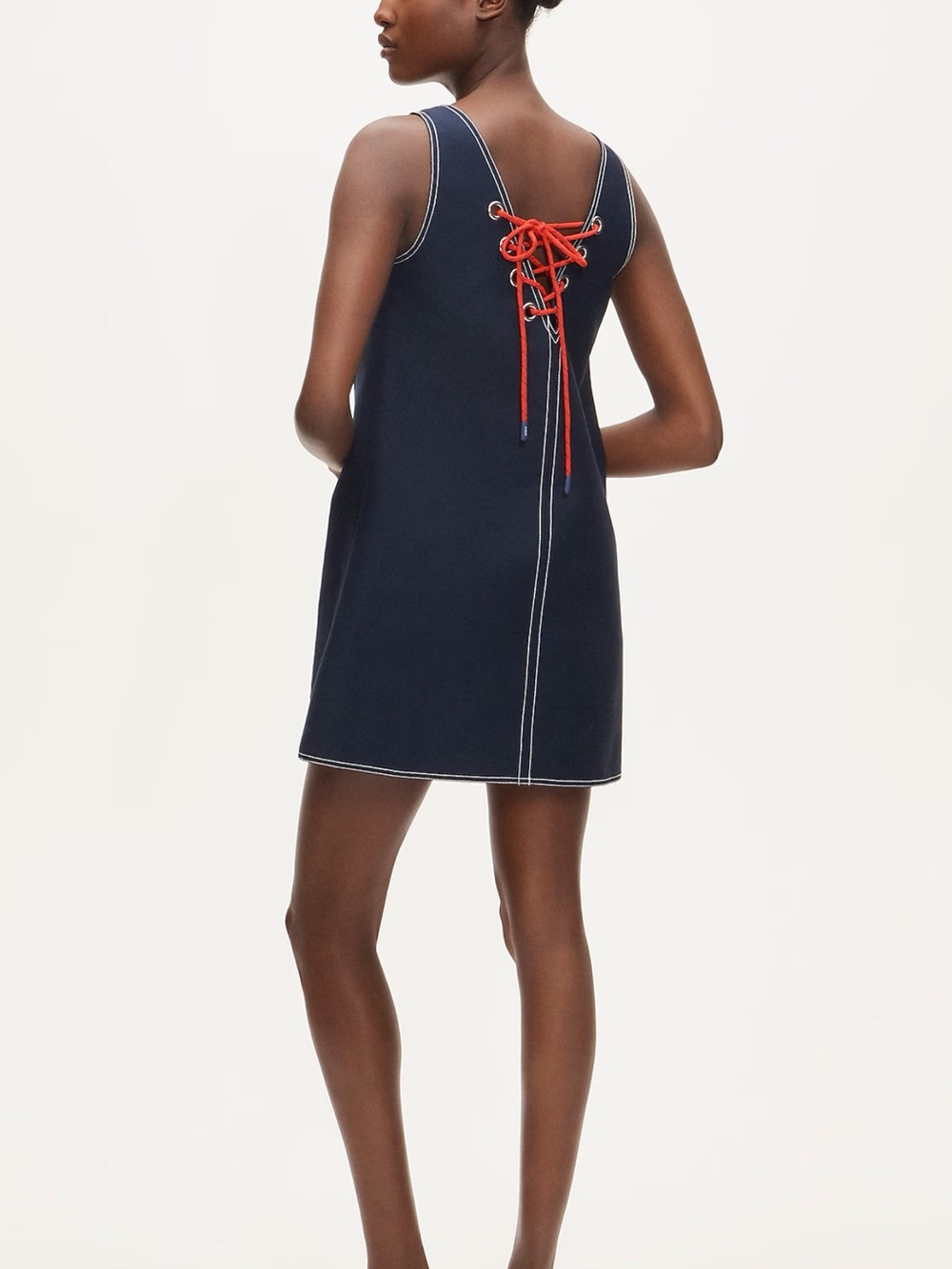 J Crew Billie Dress in Double Cotton Poplin Navy with Red Lace-Back Size 8T NWT